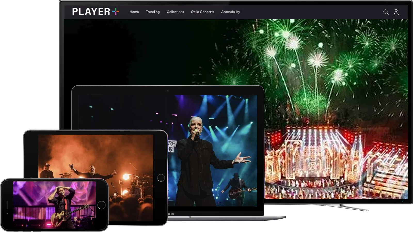 Player+ productions on TV, laptop, tablet and phone, including Garbage, Elbow and Manic Street Preachers